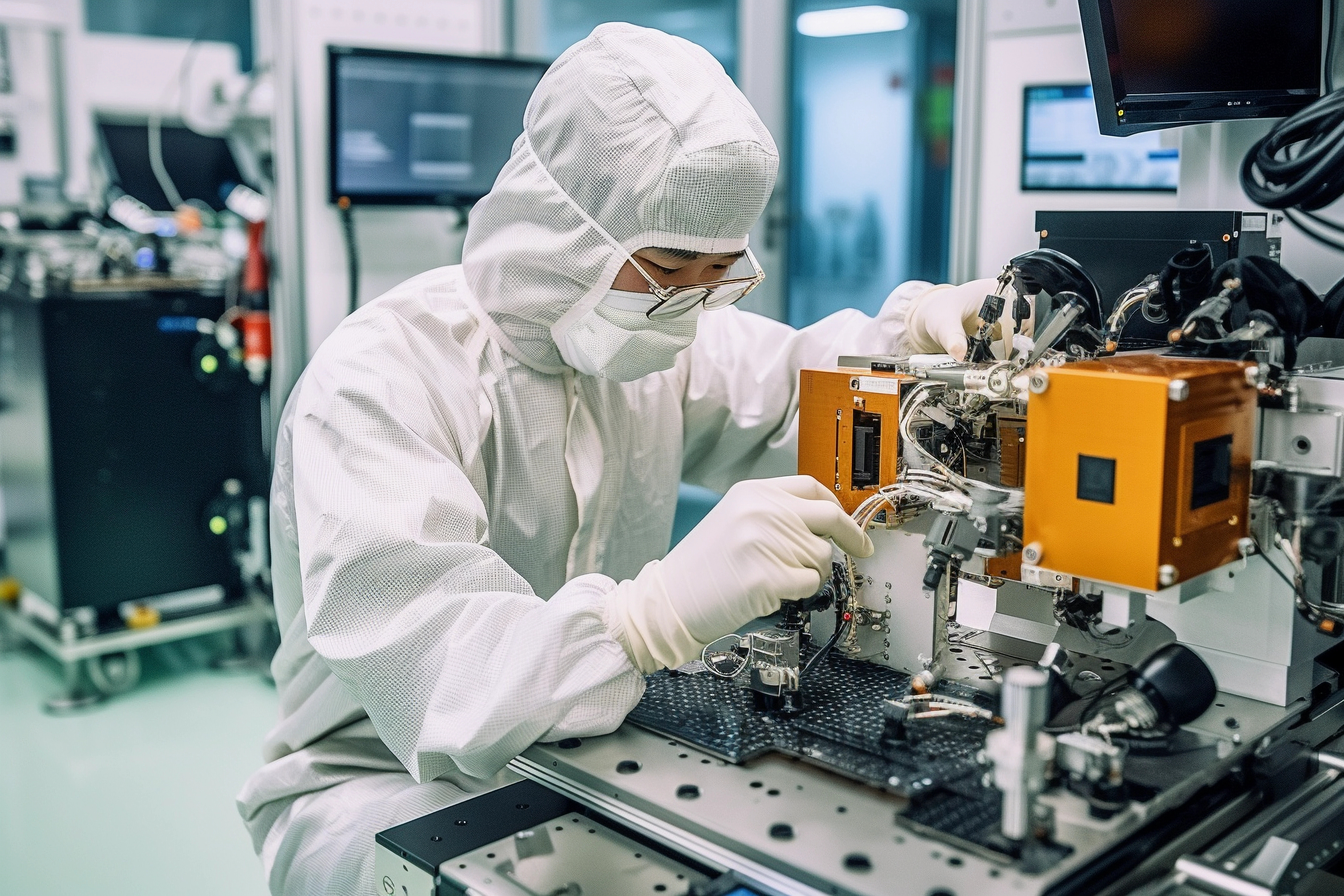 worker in a cleansuit sitting and working on a semiconductor wafer