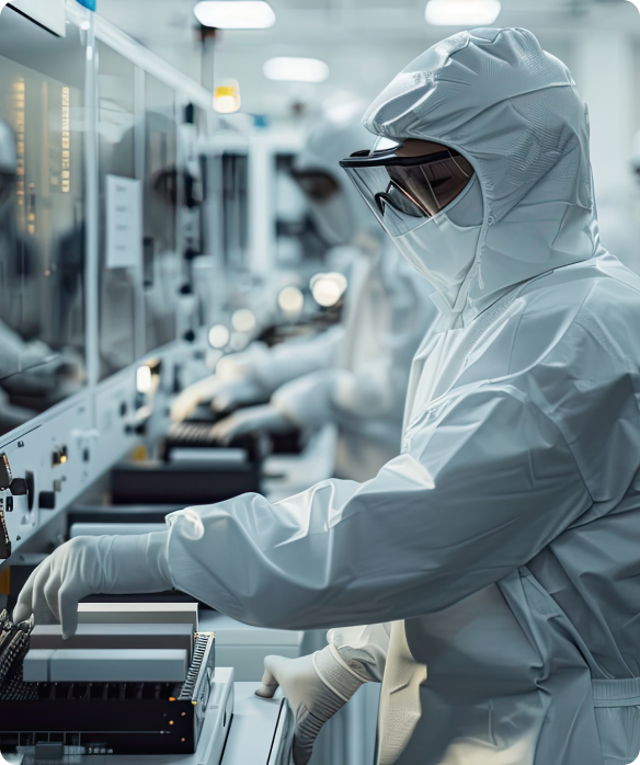 cleansuit worker fabricating a semiconductor chip with another worker in the background