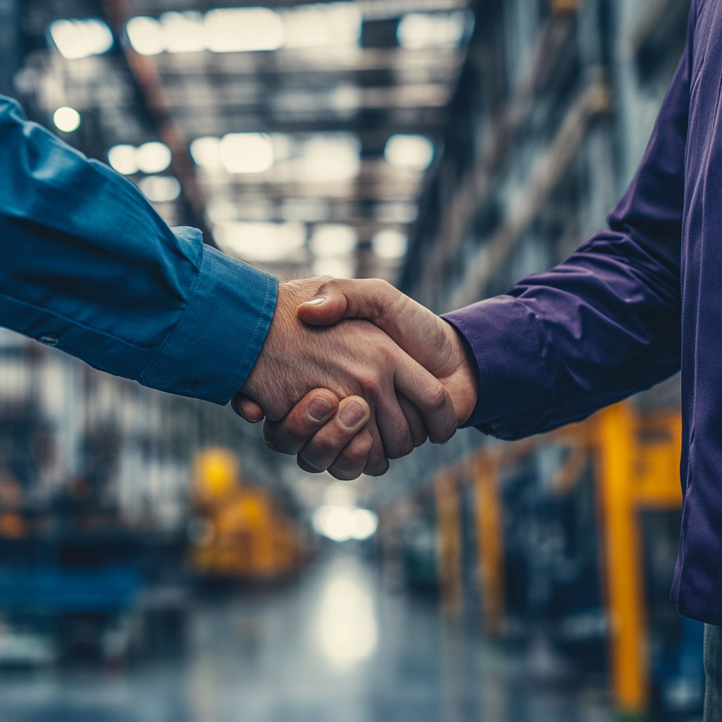 two workers shaking hands with a warehouse in the background2-1